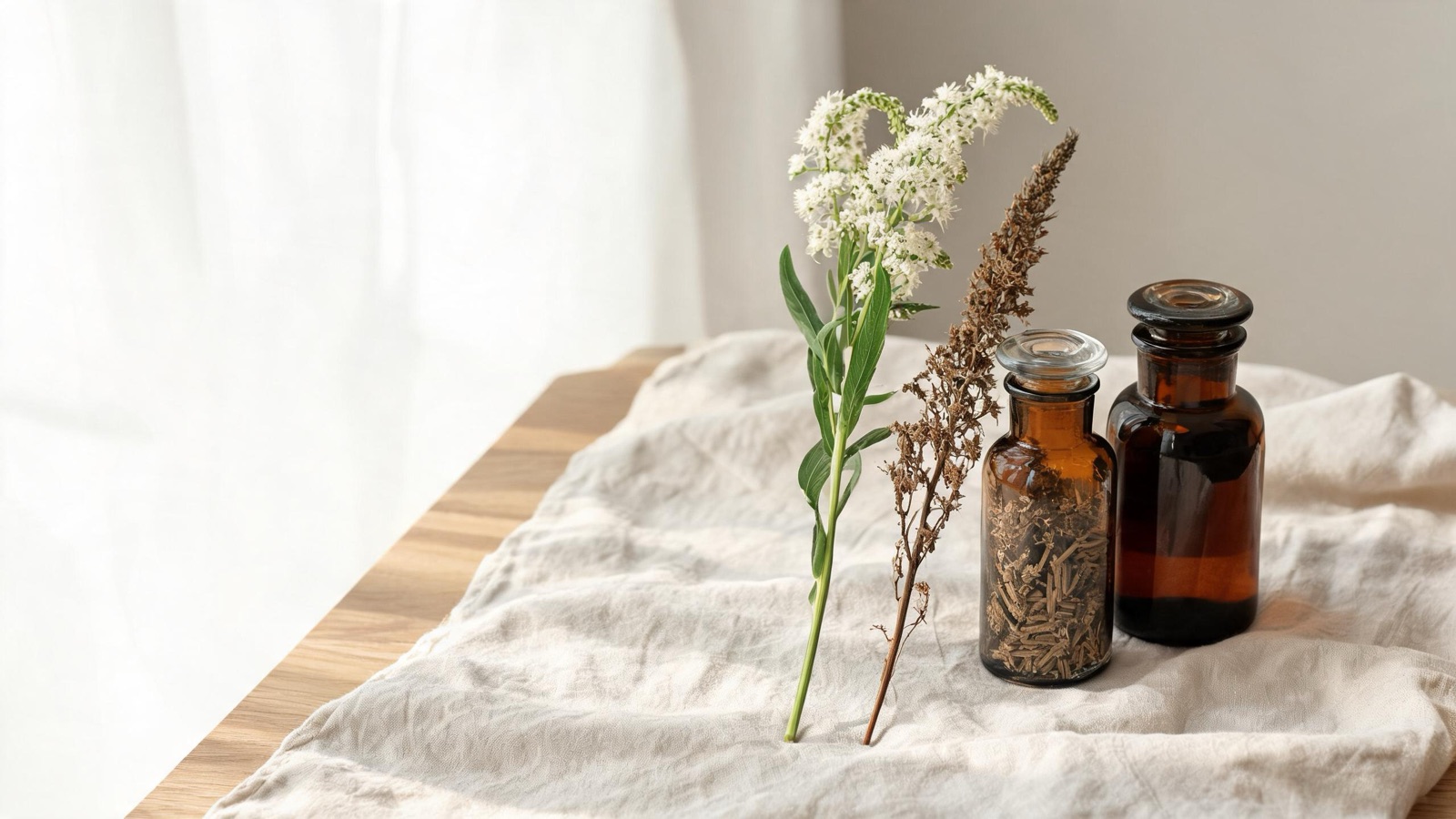 Natura morta luminosa di oggetti del benessere quotidiano, luce naturale
