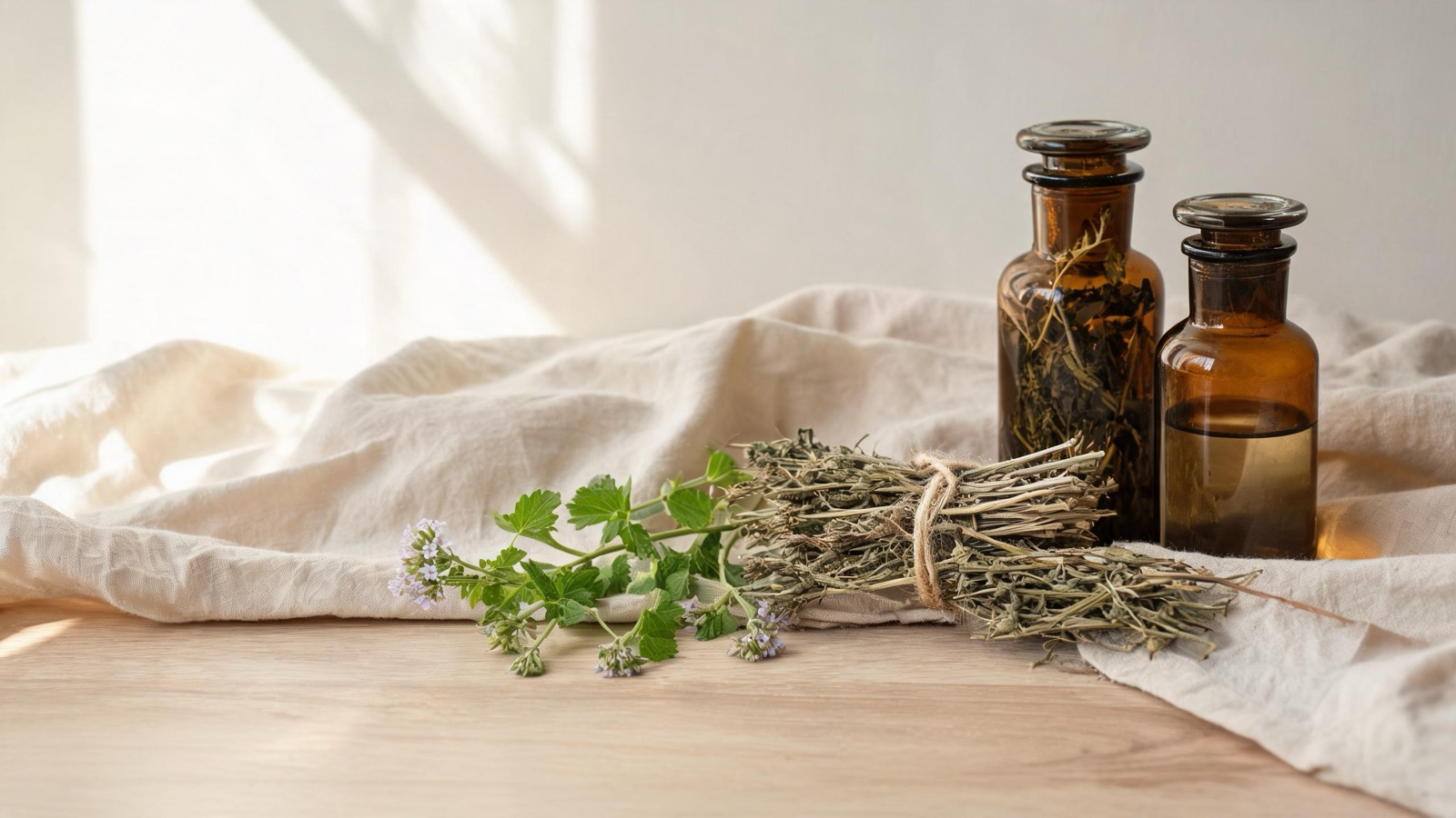 Natura morta luminosa di oggetti del benessere quotidiano, luce naturale