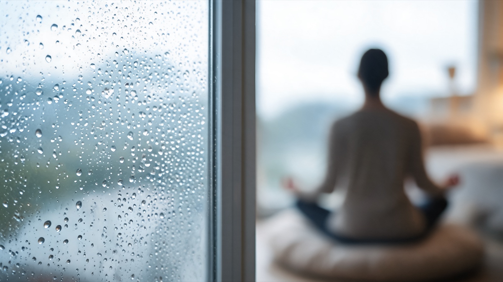 Gocce di pioggia sul vetro di una finestra, luce grigia e tepore sfocato all'interno