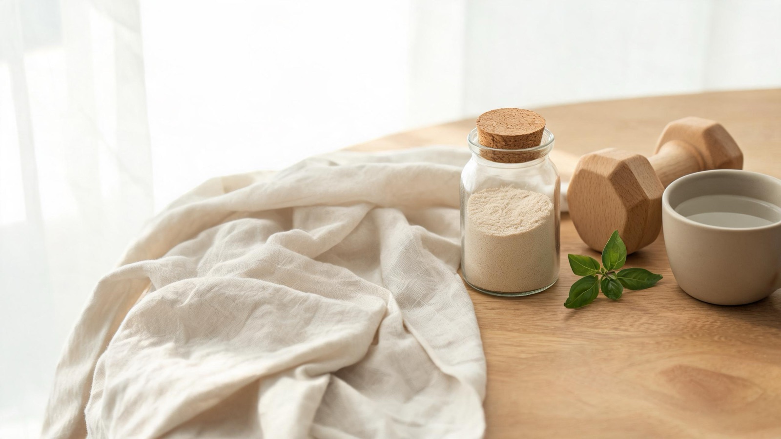 Natura morta luminosa di oggetti del benessere quotidiano, luce naturale