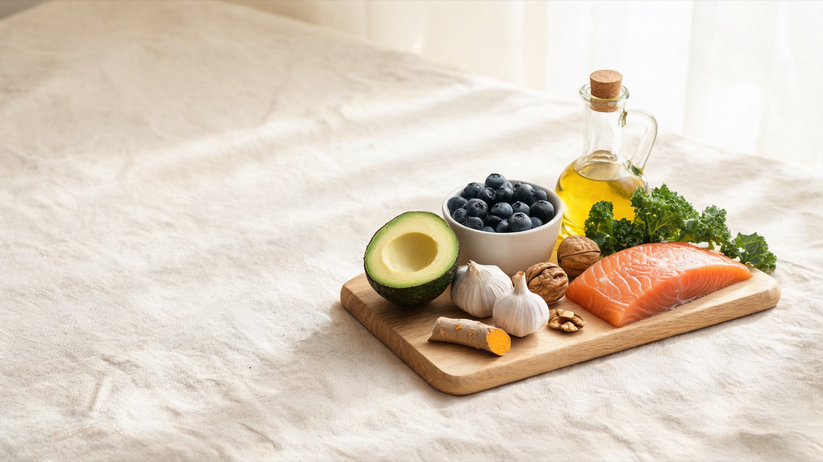 Ingredienti freschi di stagione disposti su un tagliere di legno, luce naturale da finestra