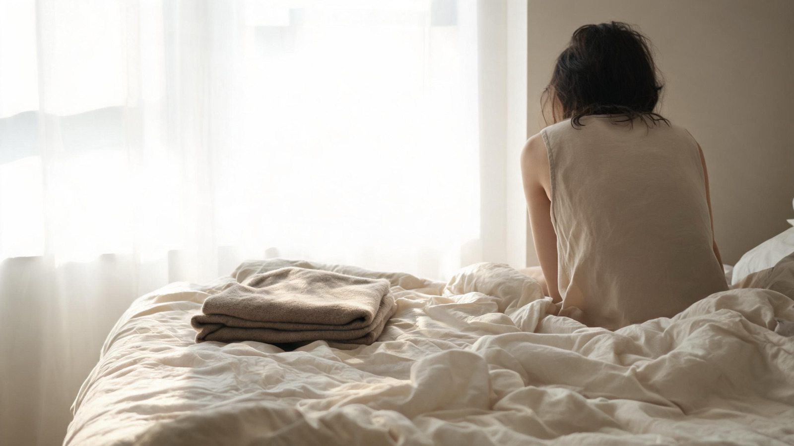 Lenzuola di lino sfatte e una coperta di lana piegata nella luce del primo mattino