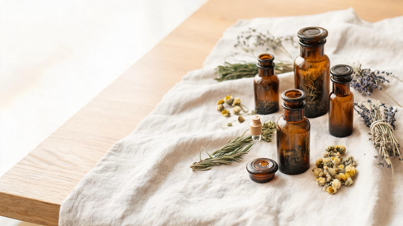 Erbe officinali, botaniche essiccate e boccette ambrate da farmacia su un piano chiaro