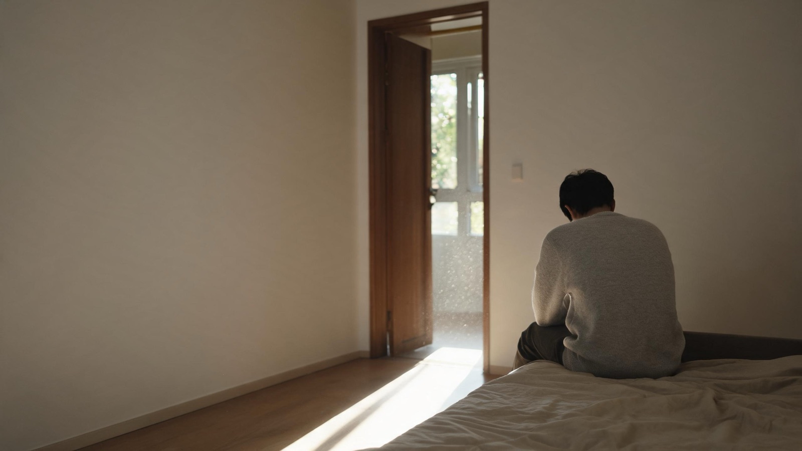 Una porta aperta lascia entrare una lama di luce in una stanza silenziosa