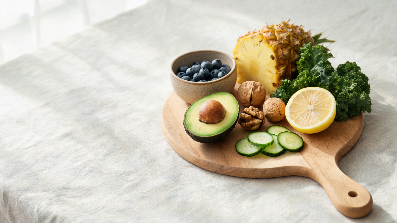 Ingredienti freschi di stagione disposti su un tagliere di legno, luce naturale da finestra