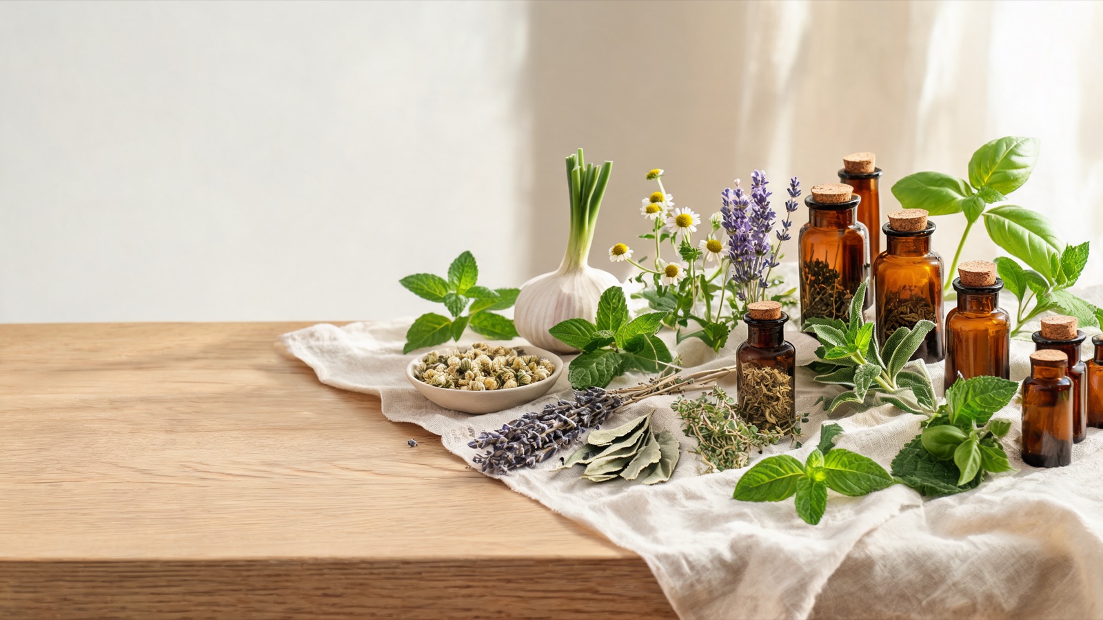 Erbe officinali, botaniche essiccate e boccette ambrate da farmacia su un piano chiaro