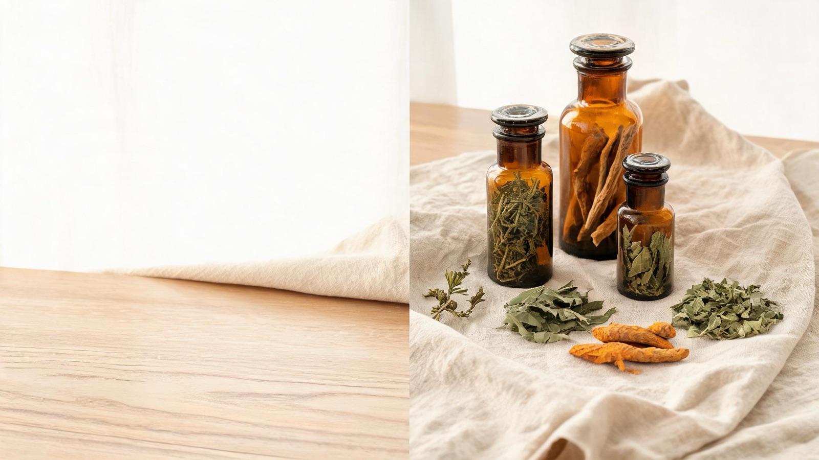 Erbe officinali, botaniche essiccate e boccette ambrate da farmacia su un piano chiaro