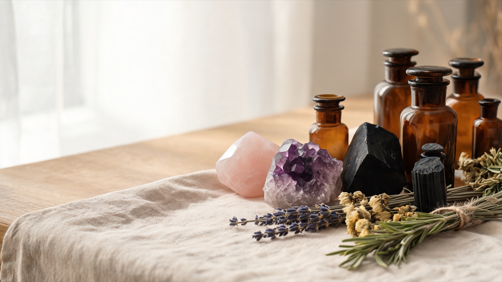 Erbe officinali, botaniche essiccate e boccette ambrate da farmacia su un piano chiaro