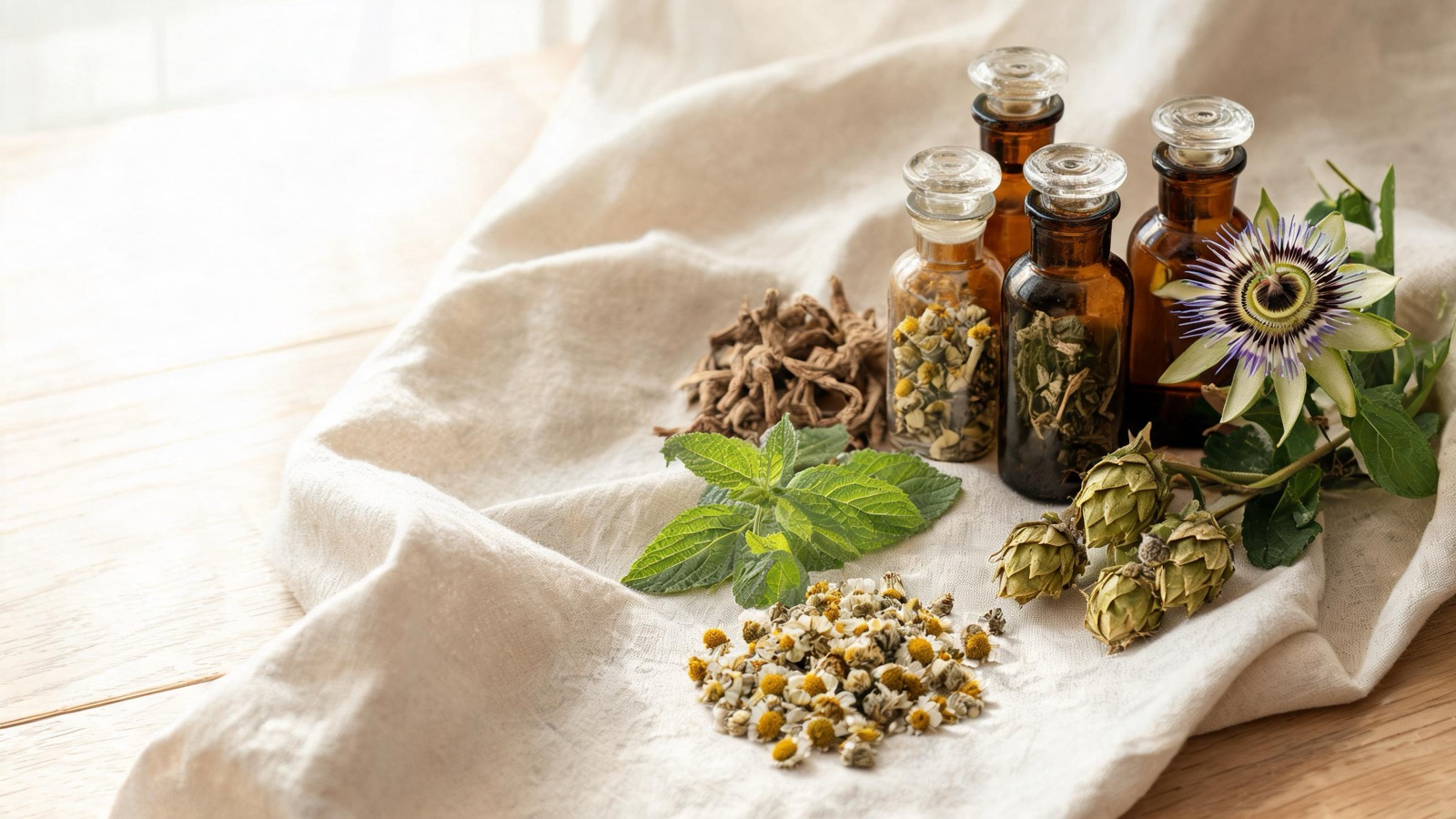 Erbe officinali, botaniche essiccate e boccette ambrate da farmacia su un piano chiaro