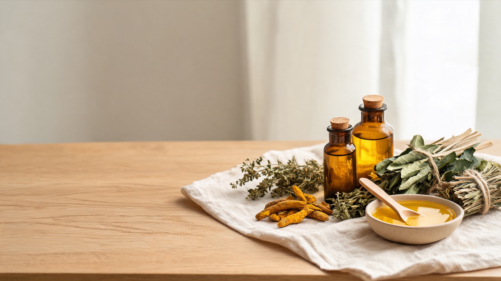 Erbe officinali, botaniche essiccate e boccette ambrate da farmacia su un piano chiaro
