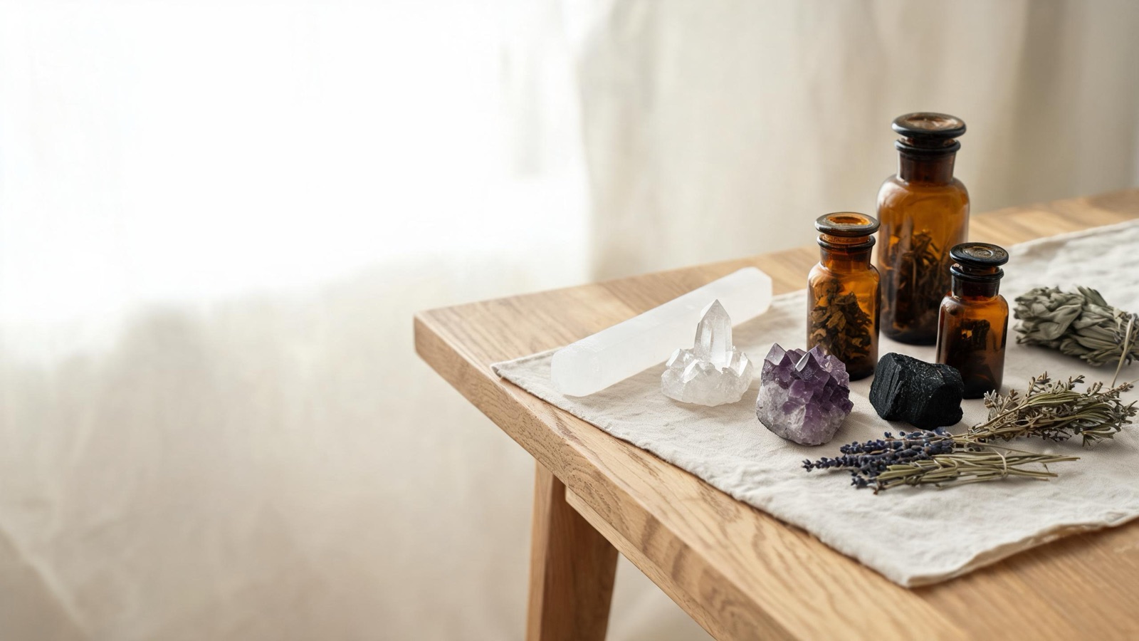 Erbe officinali, botaniche essiccate e boccette ambrate da farmacia su un piano chiaro