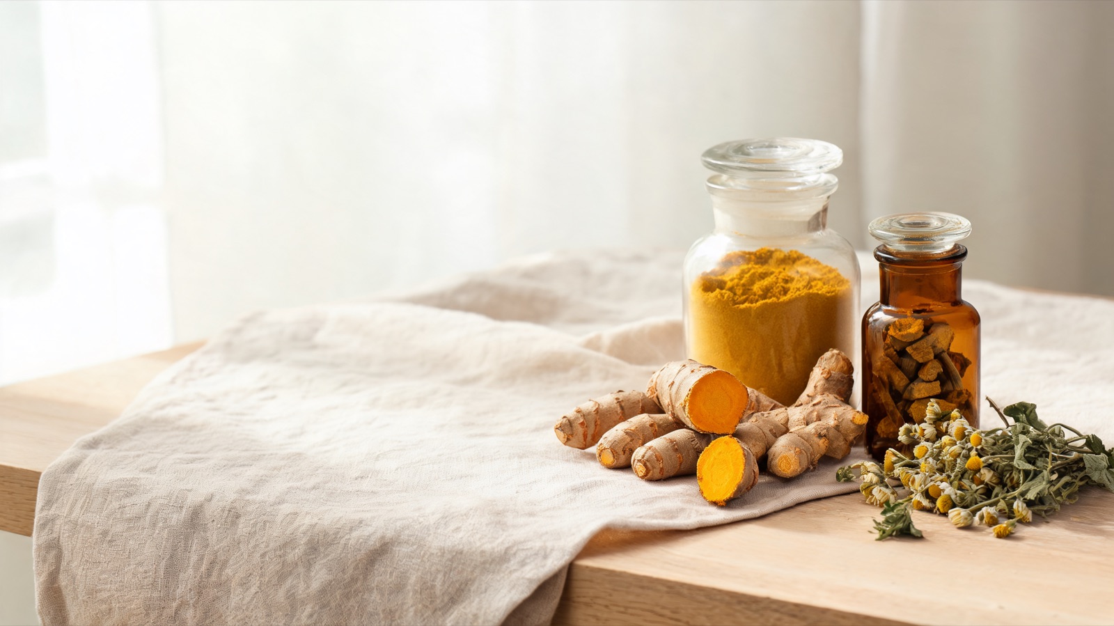 Erbe officinali, botaniche essiccate e boccette ambrate da farmacia su un piano chiaro