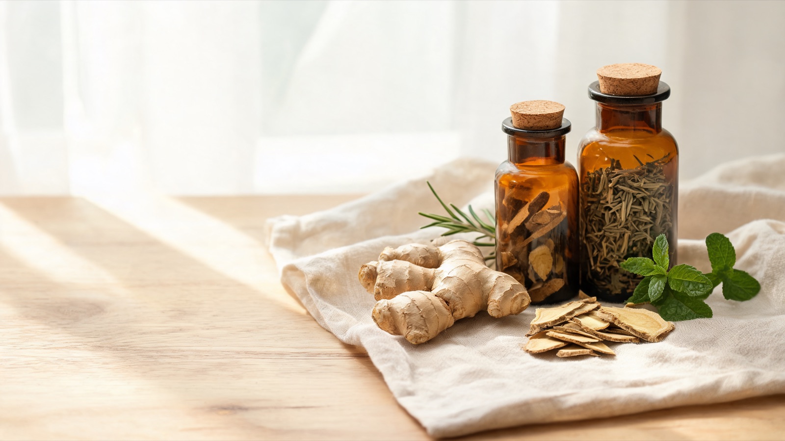 Erbe officinali, botaniche essiccate e boccette ambrate da farmacia su un piano chiaro