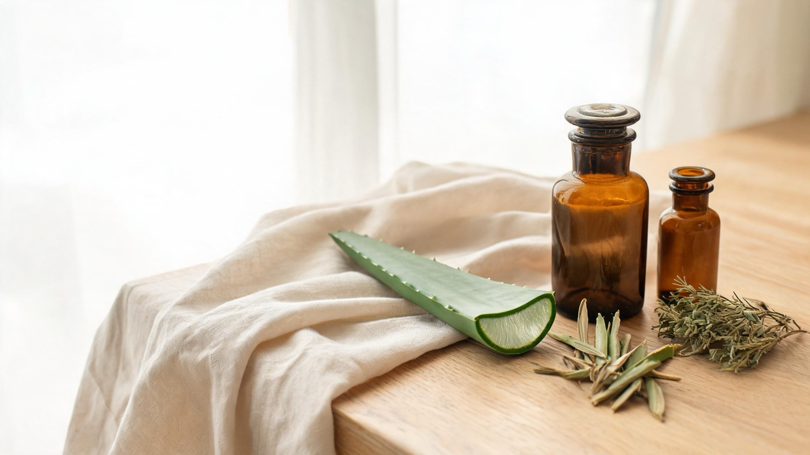 Erbe officinali, botaniche essiccate e boccette ambrate da farmacia su un piano chiaro
