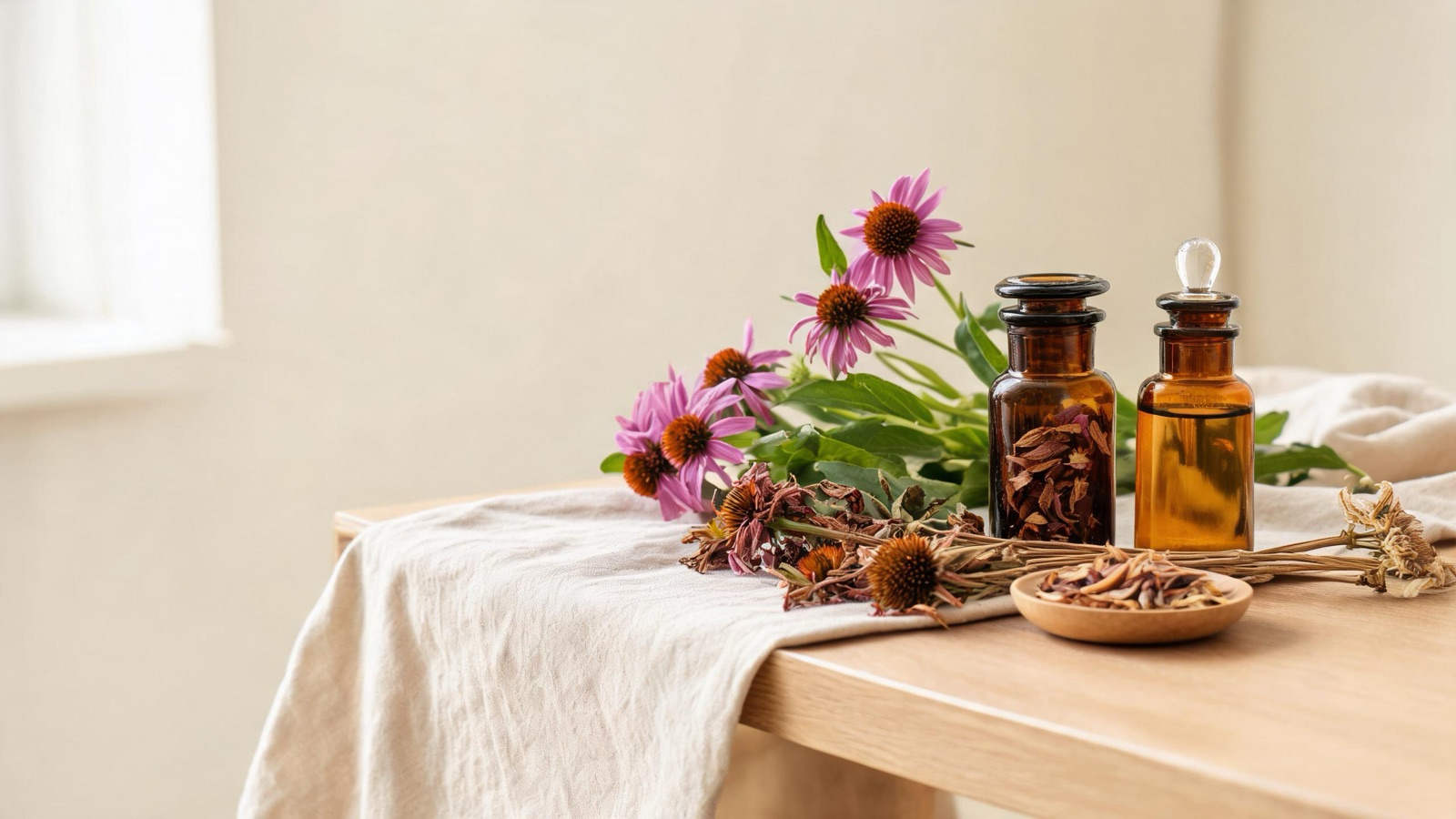 Erbe officinali, botaniche essiccate e boccette ambrate da farmacia su un piano chiaro