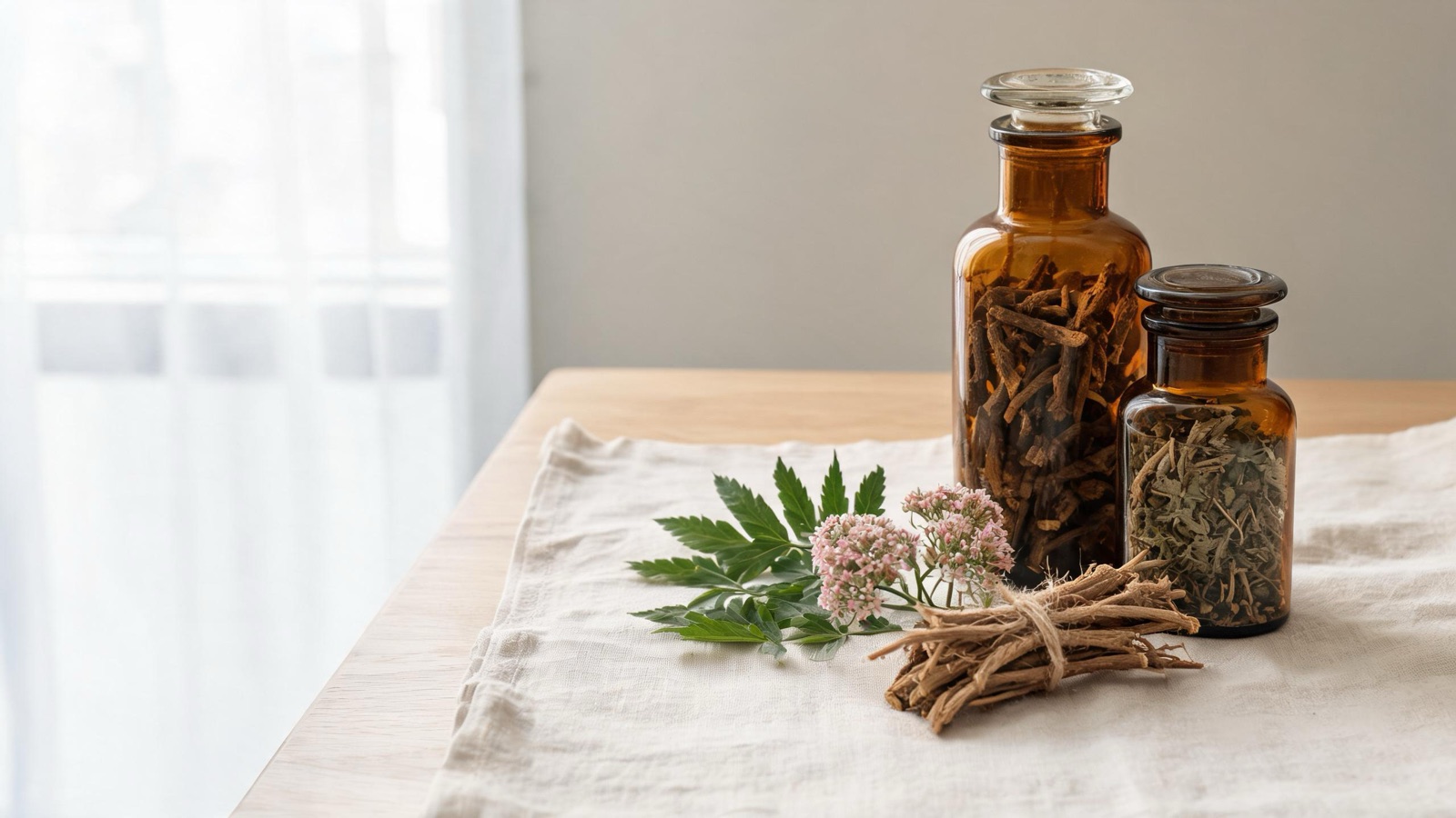 Erbe officinali, botaniche essiccate e boccette ambrate da farmacia su un piano chiaro