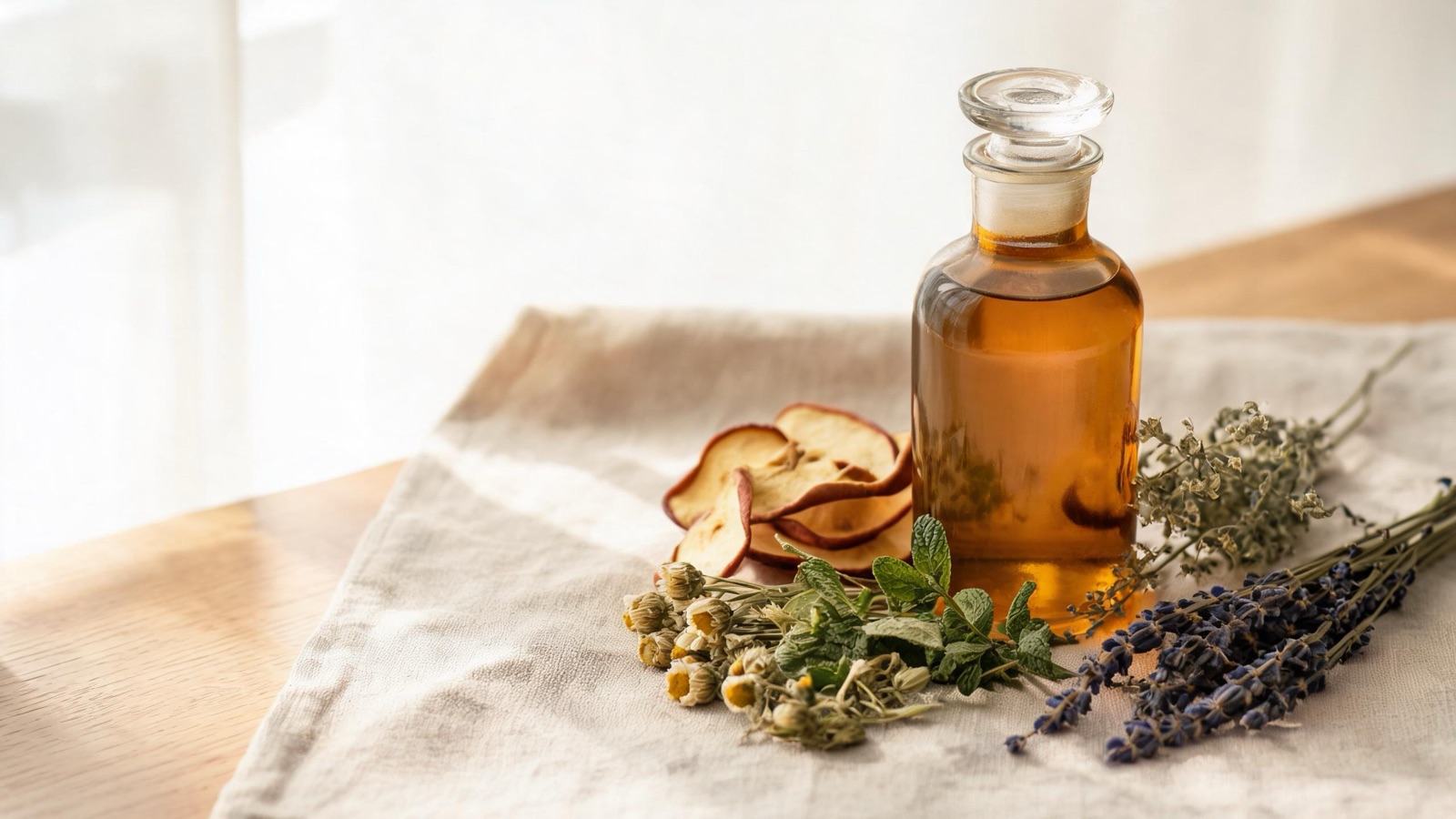 Erbe officinali, botaniche essiccate e boccette ambrate da farmacia su un piano chiaro
