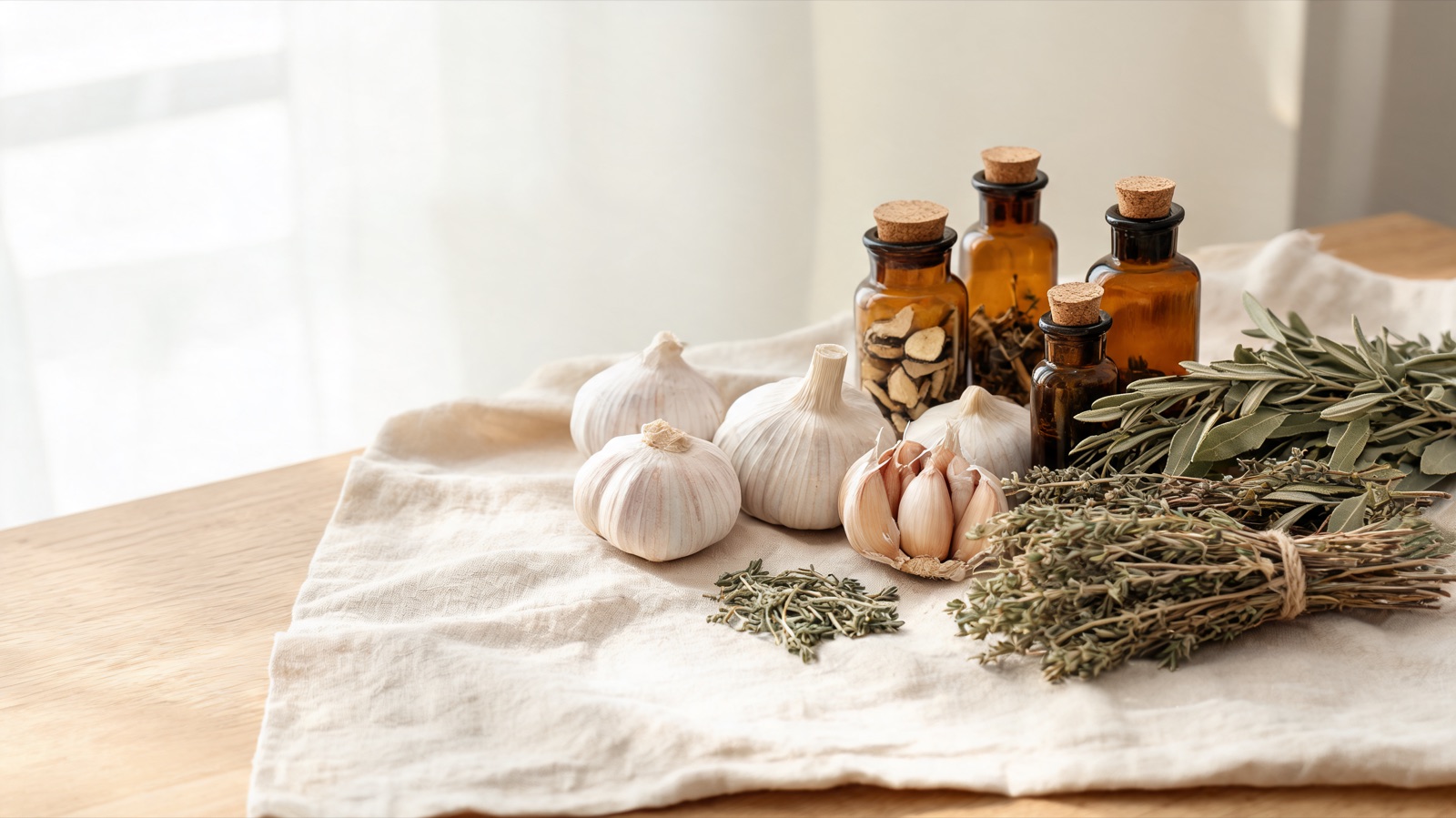 Erbe officinali, botaniche essiccate e boccette ambrate da farmacia su un piano chiaro