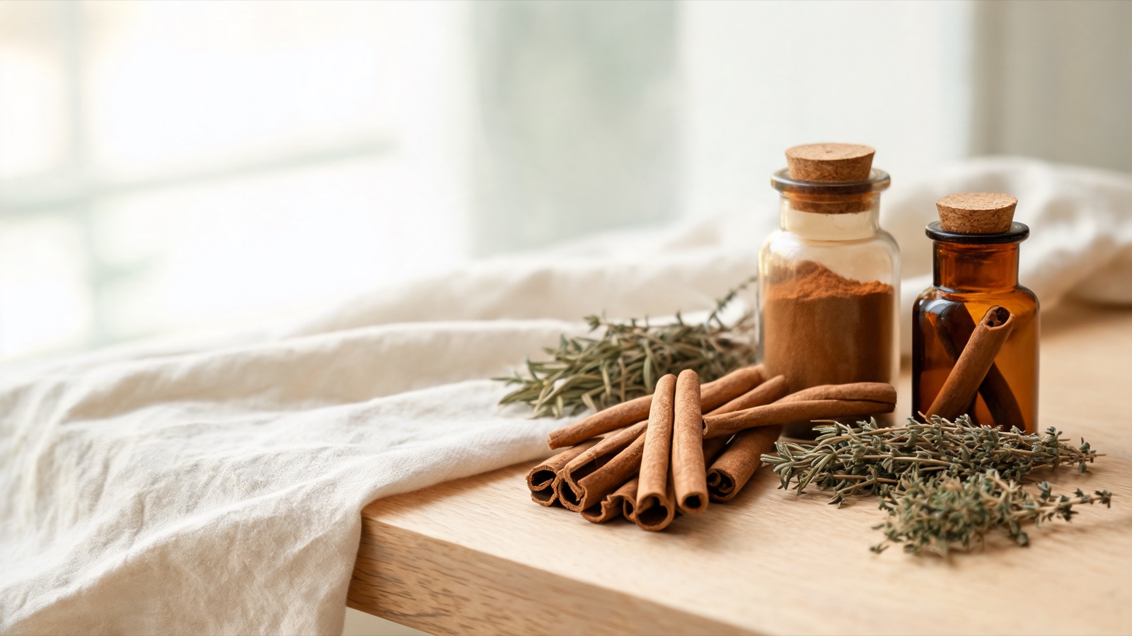 Erbe officinali, botaniche essiccate e boccette ambrate da farmacia su un piano chiaro