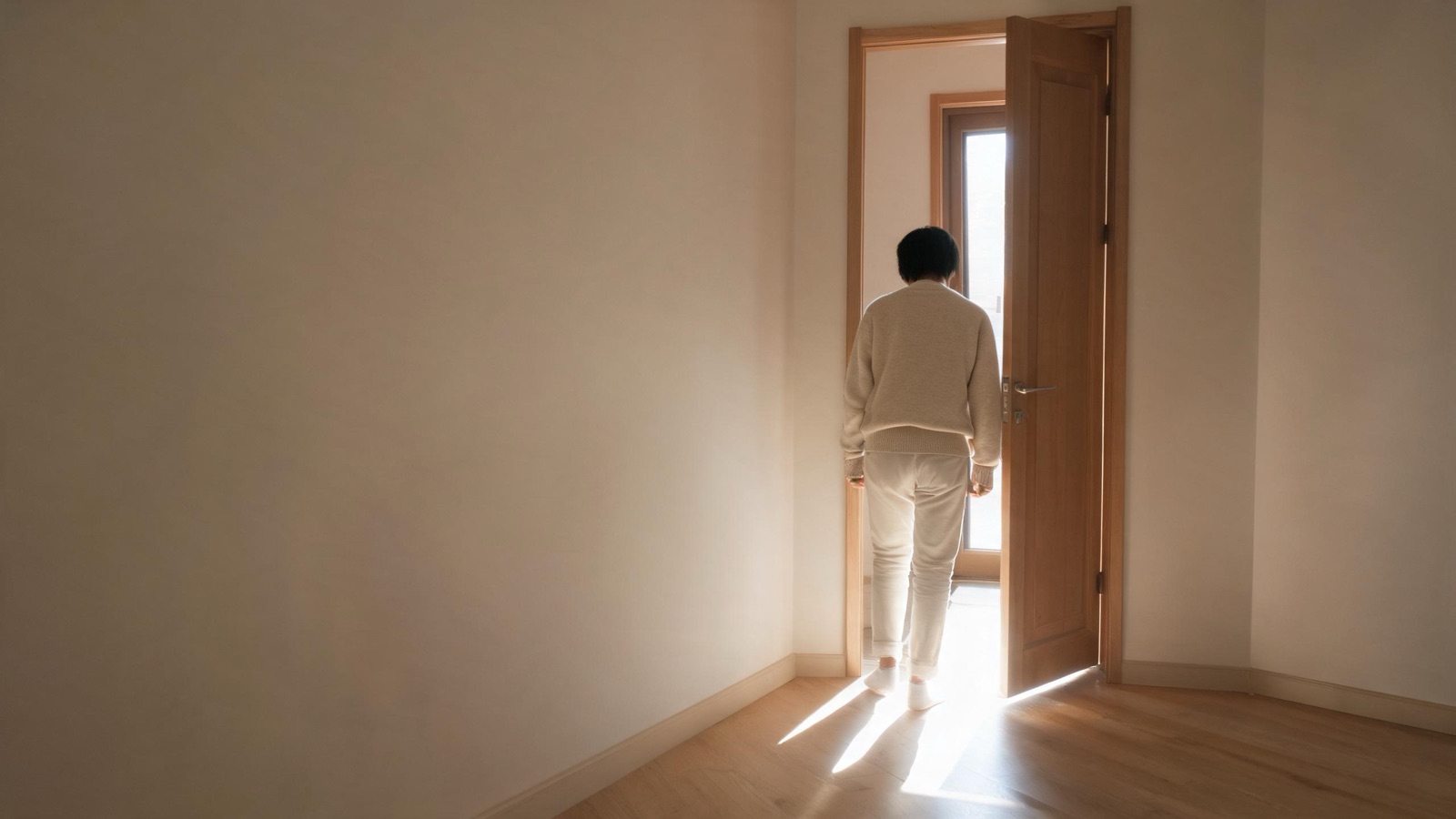 Una porta aperta lascia entrare una lama di luce in una stanza silenziosa