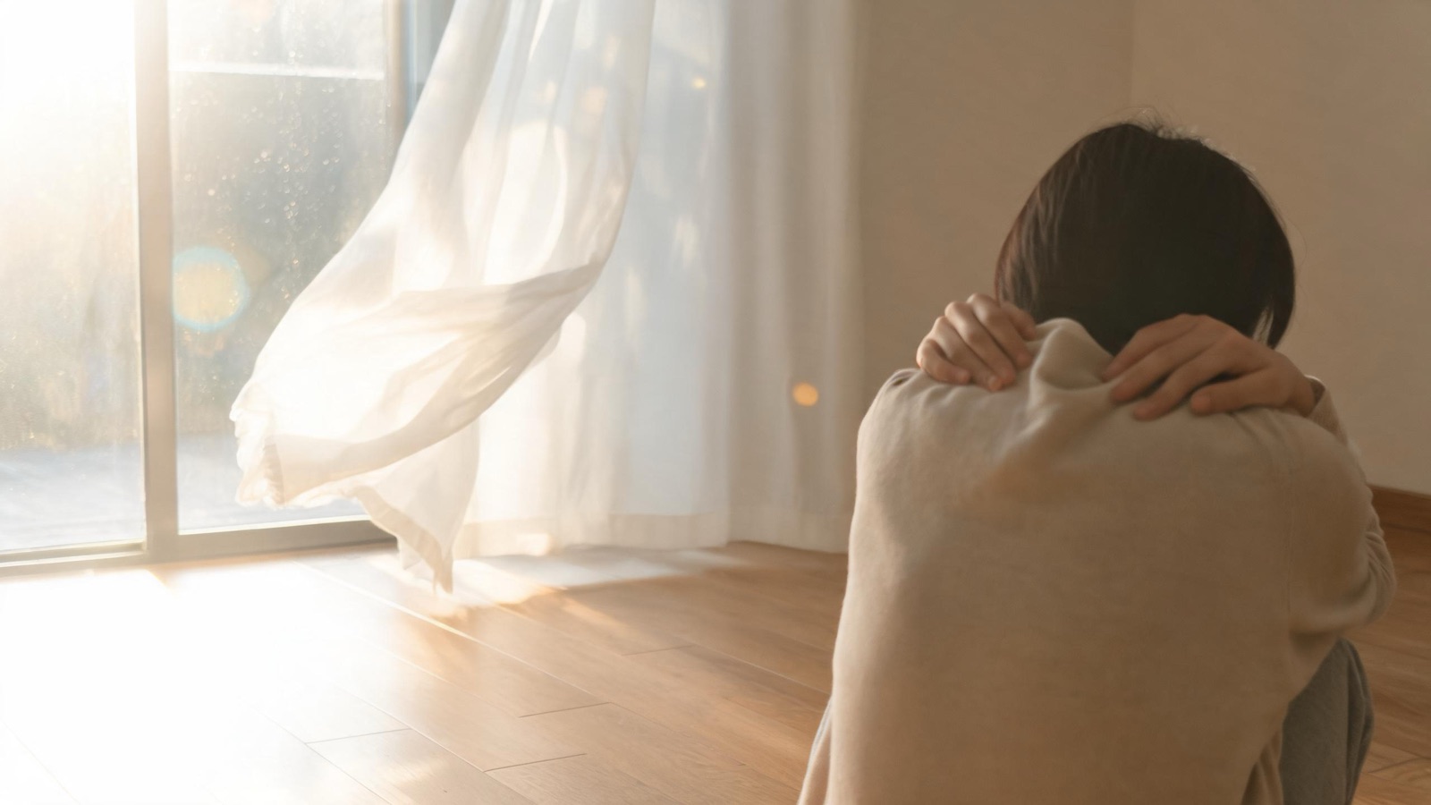 Luce del mattino da una finestra alta su un pavimento di legno, una tenda leggera mossa dalla corrente