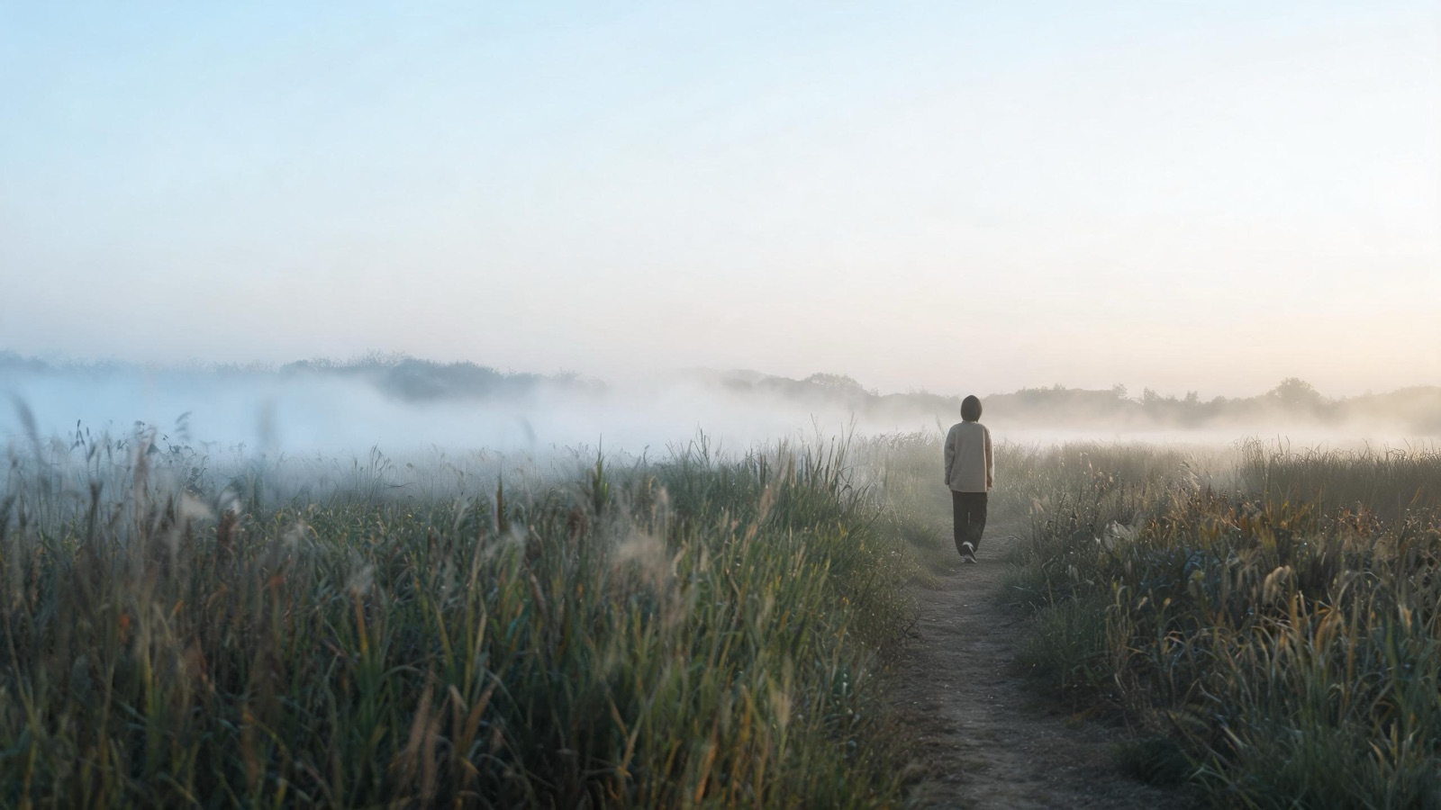 Un sentiero stretto fra l'erba alta all'alba, con la nebbia bassa sul campo