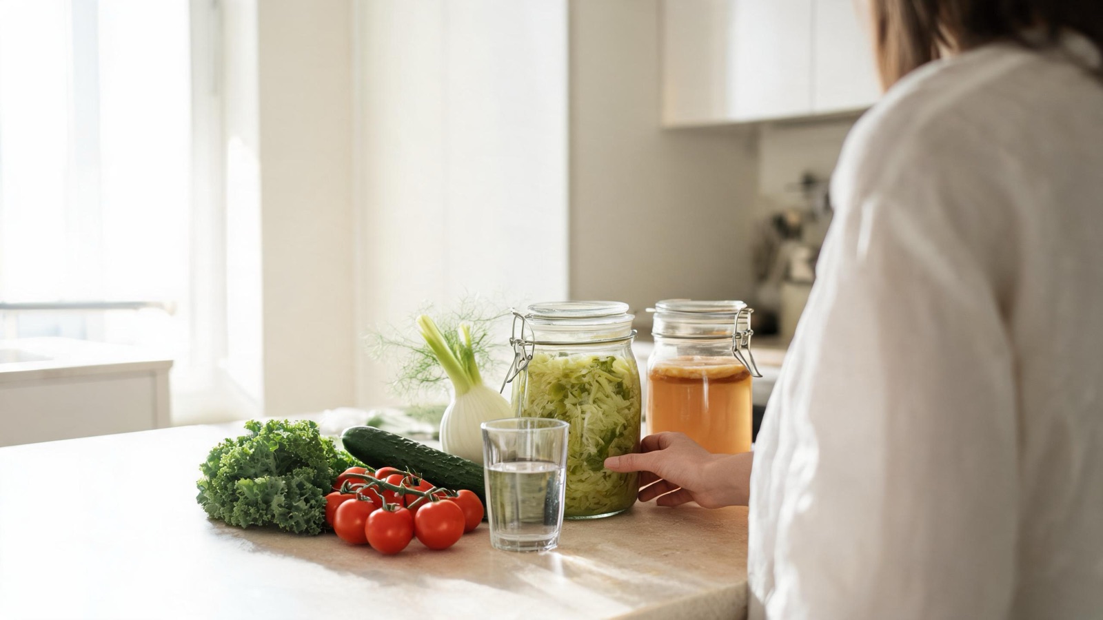 Piano cucina luminoso con vasi di fermentazione, verdure fresche e un bicchiere d'acqua