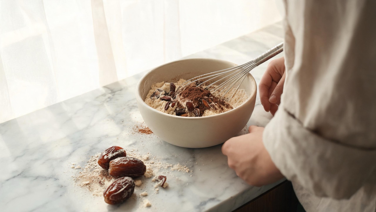 Farina di mandorle, cacao, datteri e una frusta in una ciotola di ceramica sul marmo