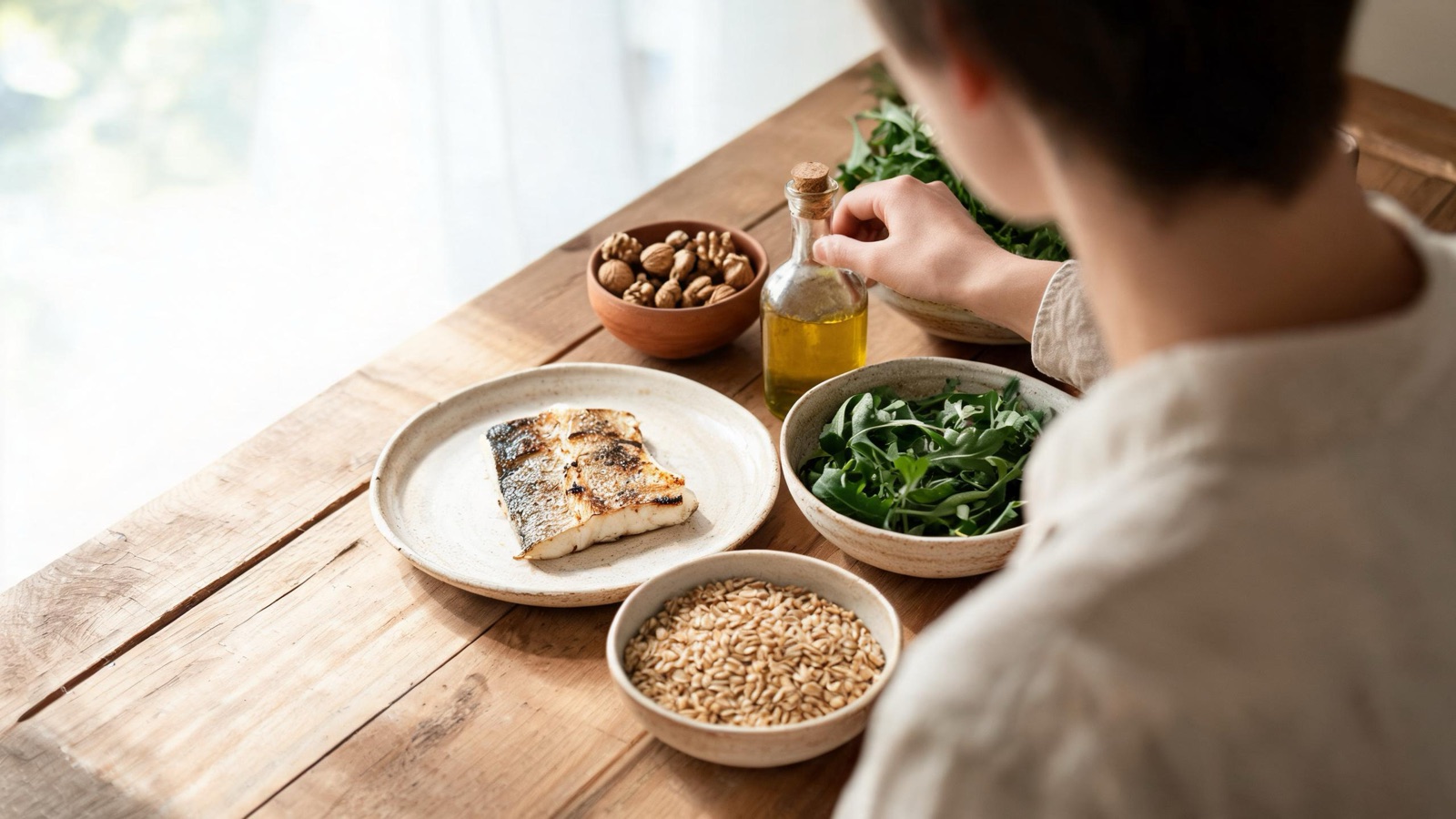 Tavola mediterranea con olio d'oliva, noci, verdure a foglia, pesce e cereali integrali