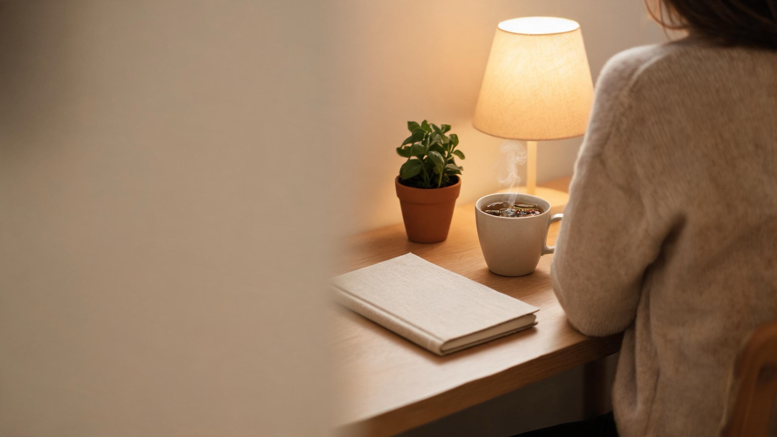 Scrivania serale con quaderno chiuso, tisana e una piantina, luce calda di lampada