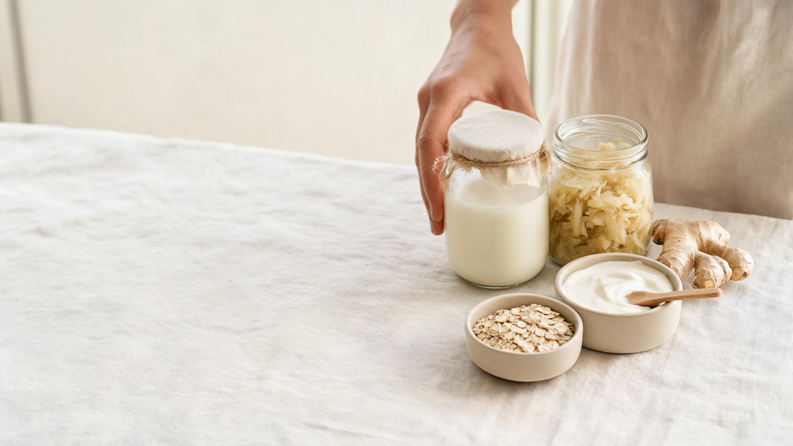 Kefir, crauti, zenzero, avena e yogurt disposti su lino chiaro