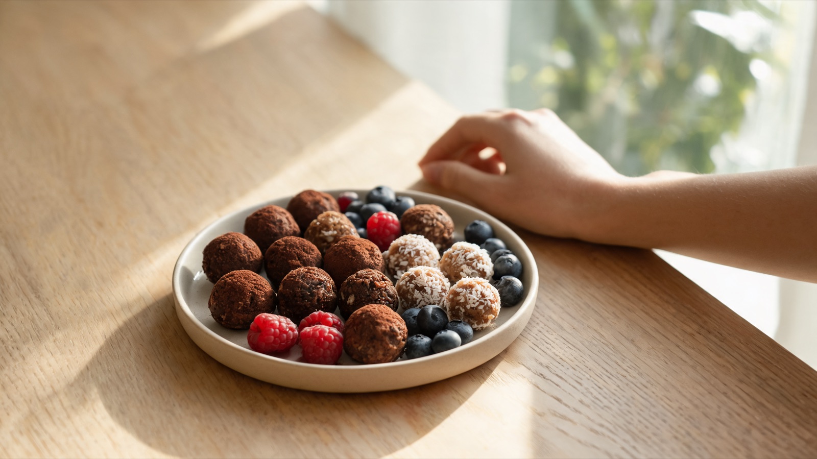Dolcetti al cacao e datteri con frutti di bosco su piatti di ceramica