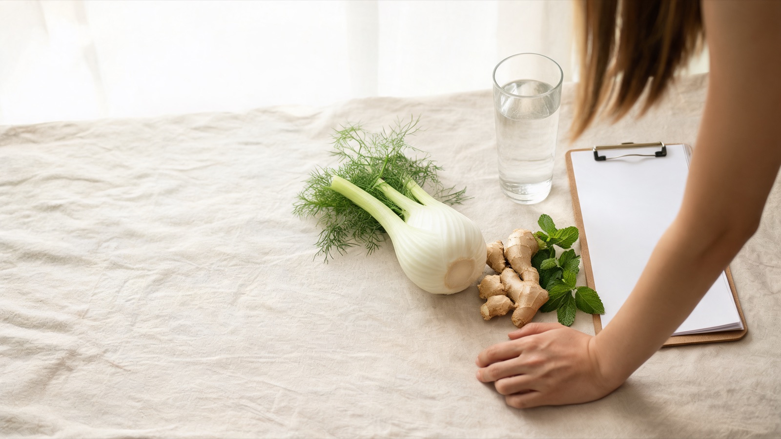 Finocchio, zenzero, menta e un bicchiere d'acqua accanto a un blocco per appunti