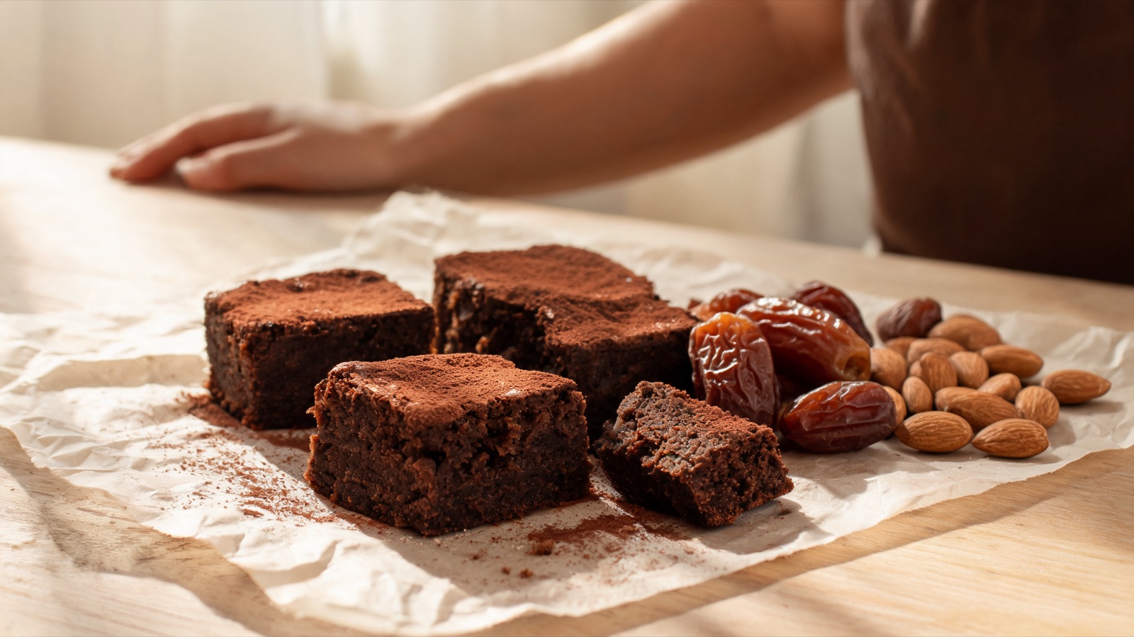 Brownie al cioccolato tagliati a quadrotti su carta forno, con datteri e mandorle accanto