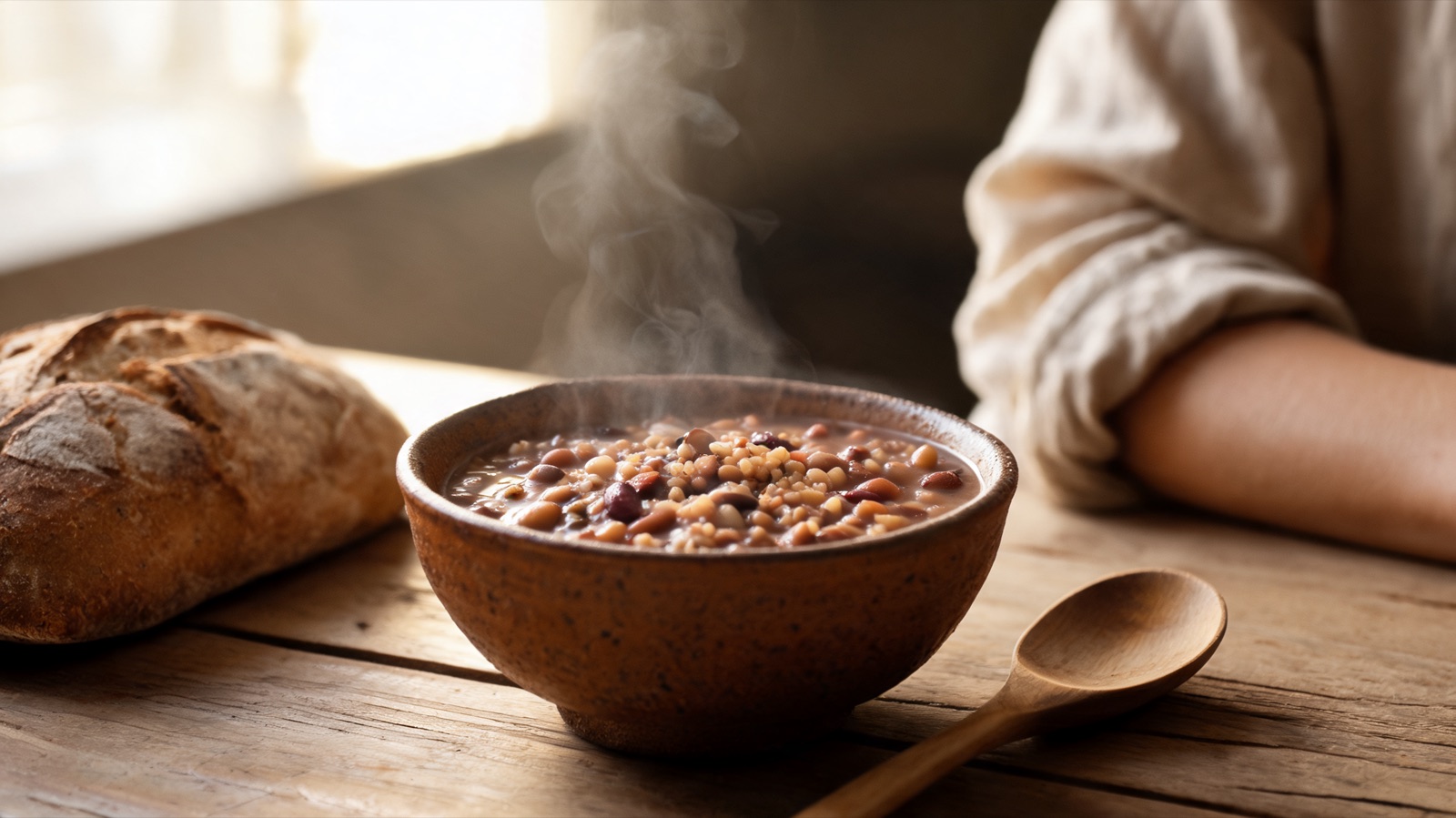 Ciotola di ceramica con zuppa densa di legumi e cereali antichi, vapore e pane rustico