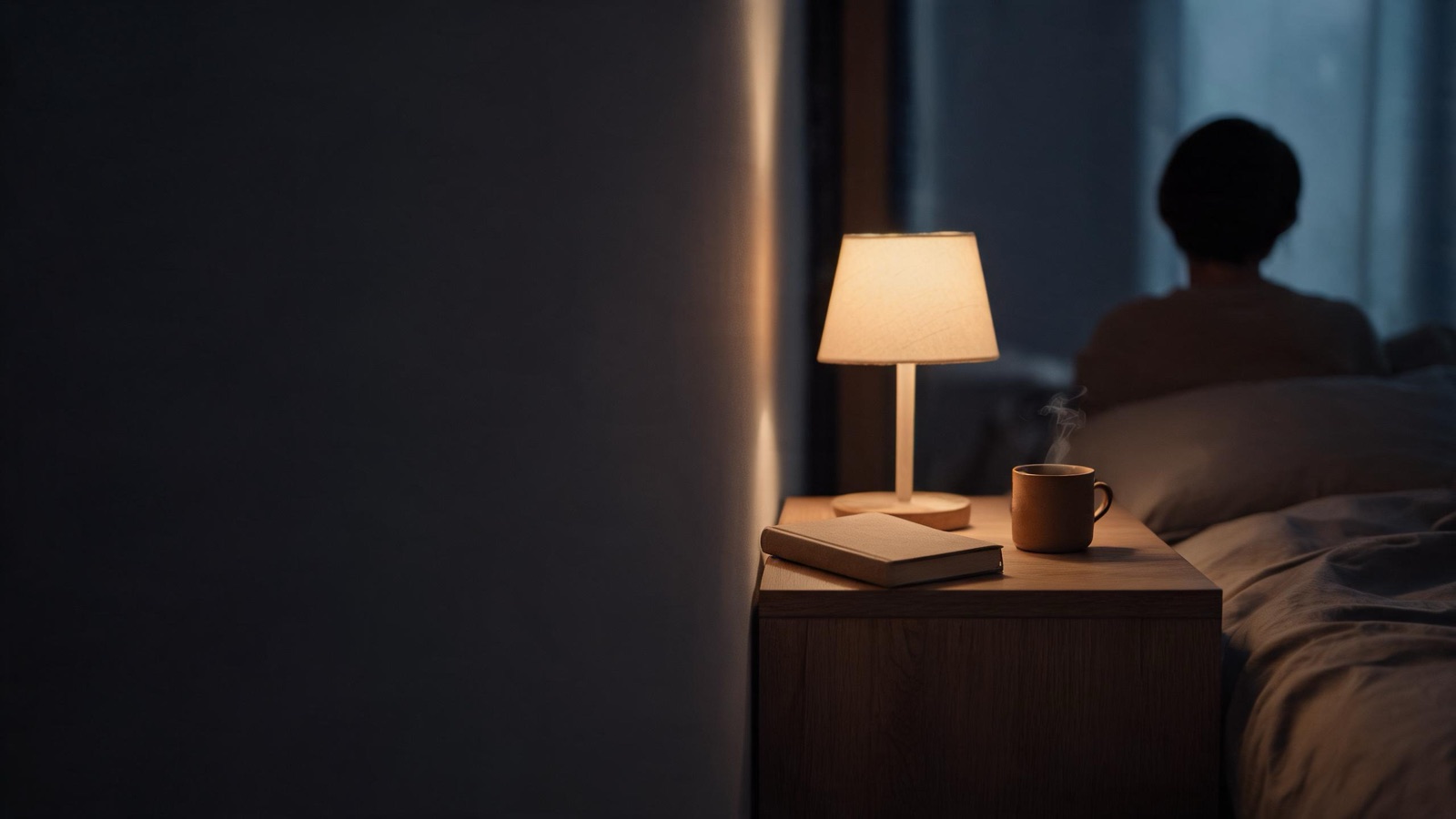 Comodino al tramonto con una lampada calda, un libro chiuso e una tisana