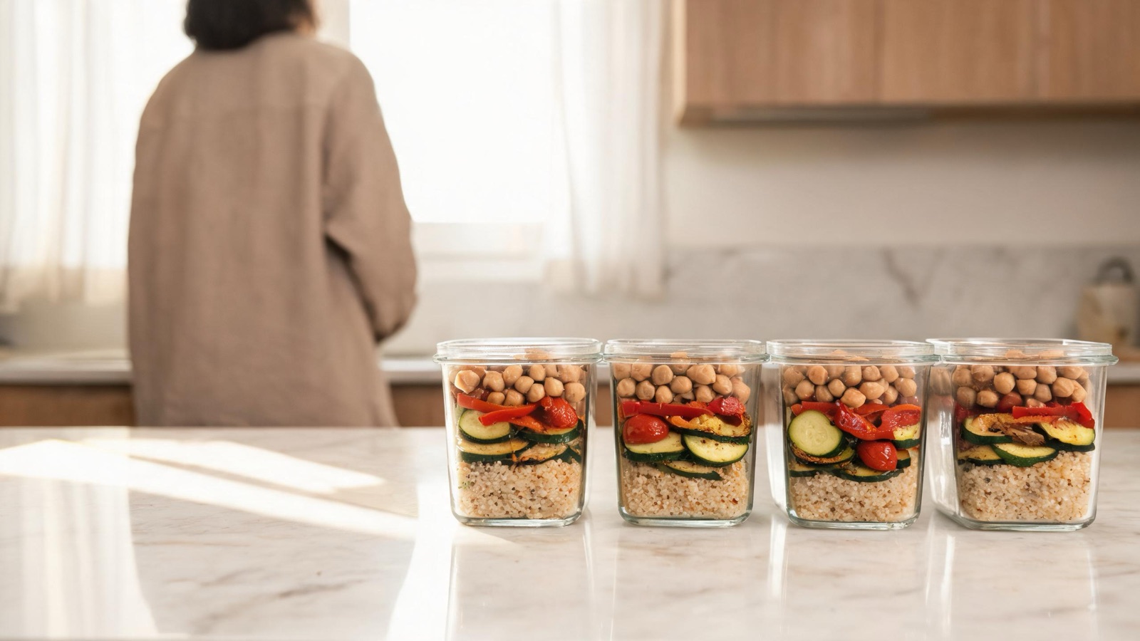 Contenitori di vetro con cereali, verdure arrostite e legumi allineati sul piano della cucina